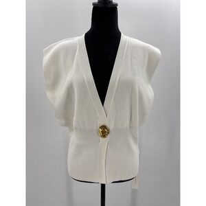 COMMENSE Women Ivory Gold‎ Button V Neck Sleeveless Knit Sweater Vest Top L
